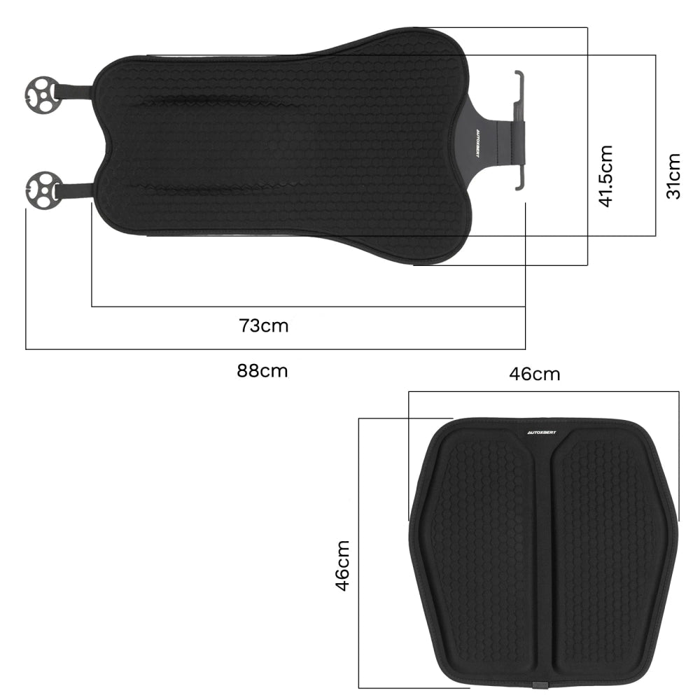 Schéma technique montrant les dimensions précises du système d'assise AirGrid™ pour garantir la compatibilité avec la plupart des sièges de voiture.