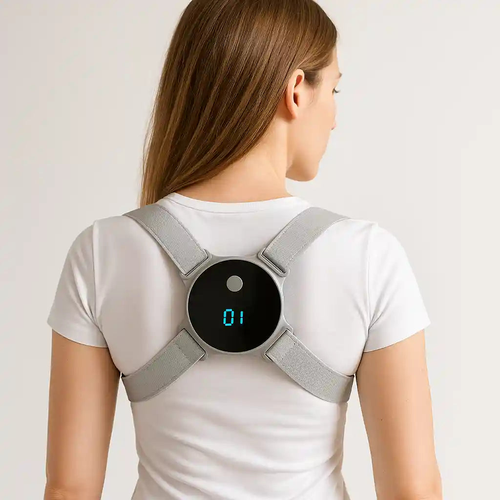 Femme portant le correcteur de posture intelligent PostureGuard™ sous leurs vêtements pour une correction discrète de la posture au quotidien