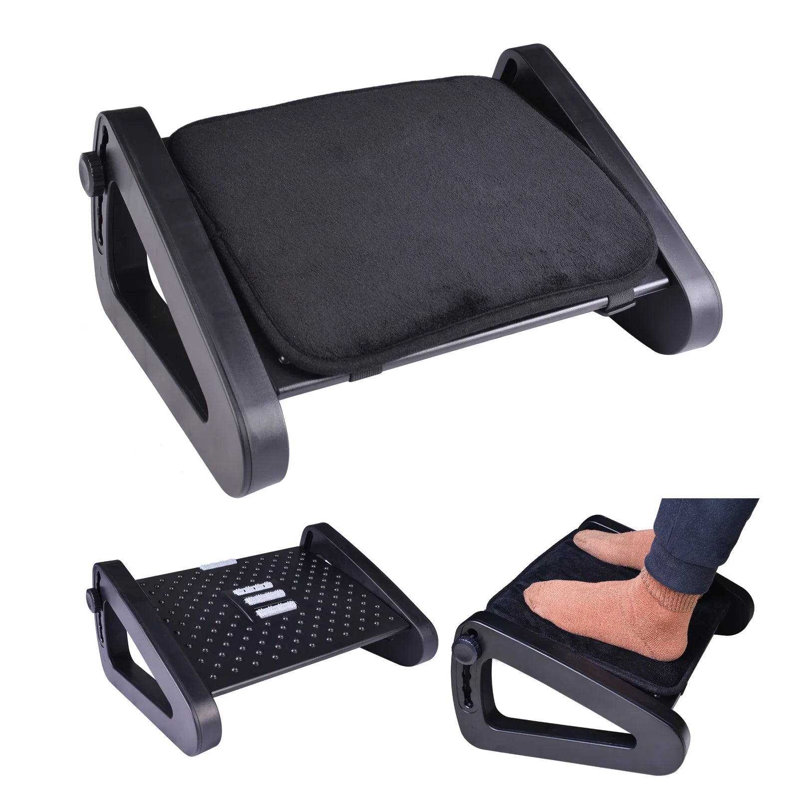 Le repose-pieds ErgoStance™ montrant ses deux options de surface : un coussin doux amovible et une plateforme de massage texturée.