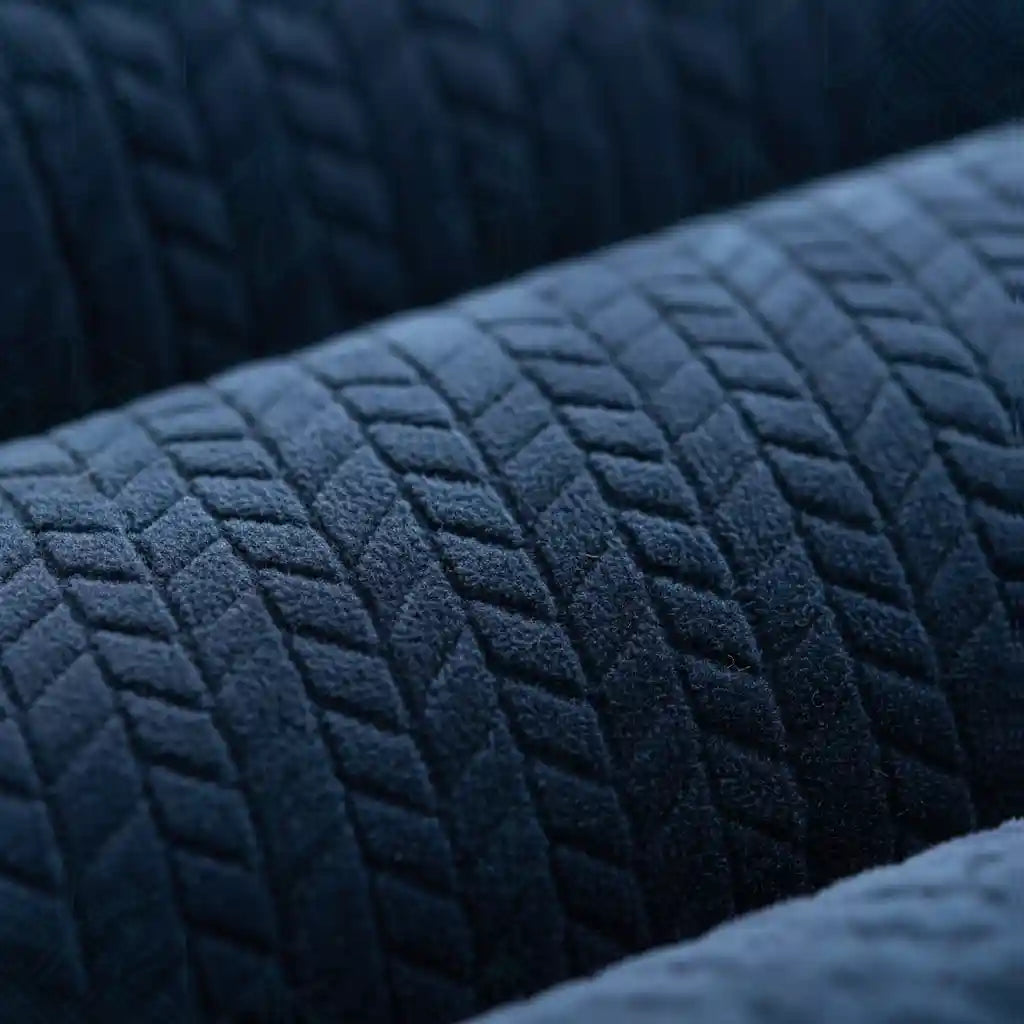  Gros plan sur le tissu en velours tridimensionnel du ReadingThrone™, montrant la qualité et la douceur de sa texture chevron.