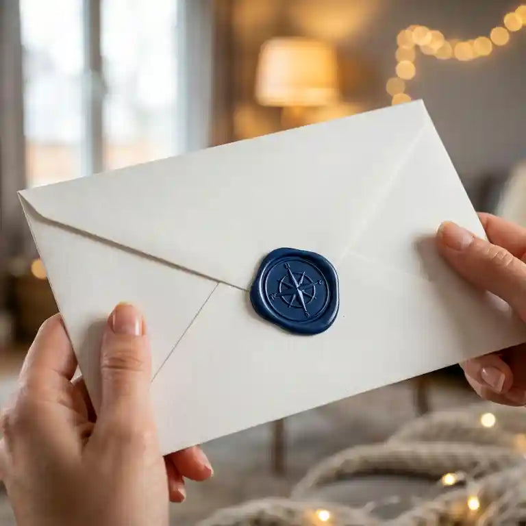 Mains tenant une enveloppe élégante avec sceau de cire bleu, offrir le bien-être avec la carte cadeau Mon Coussin.