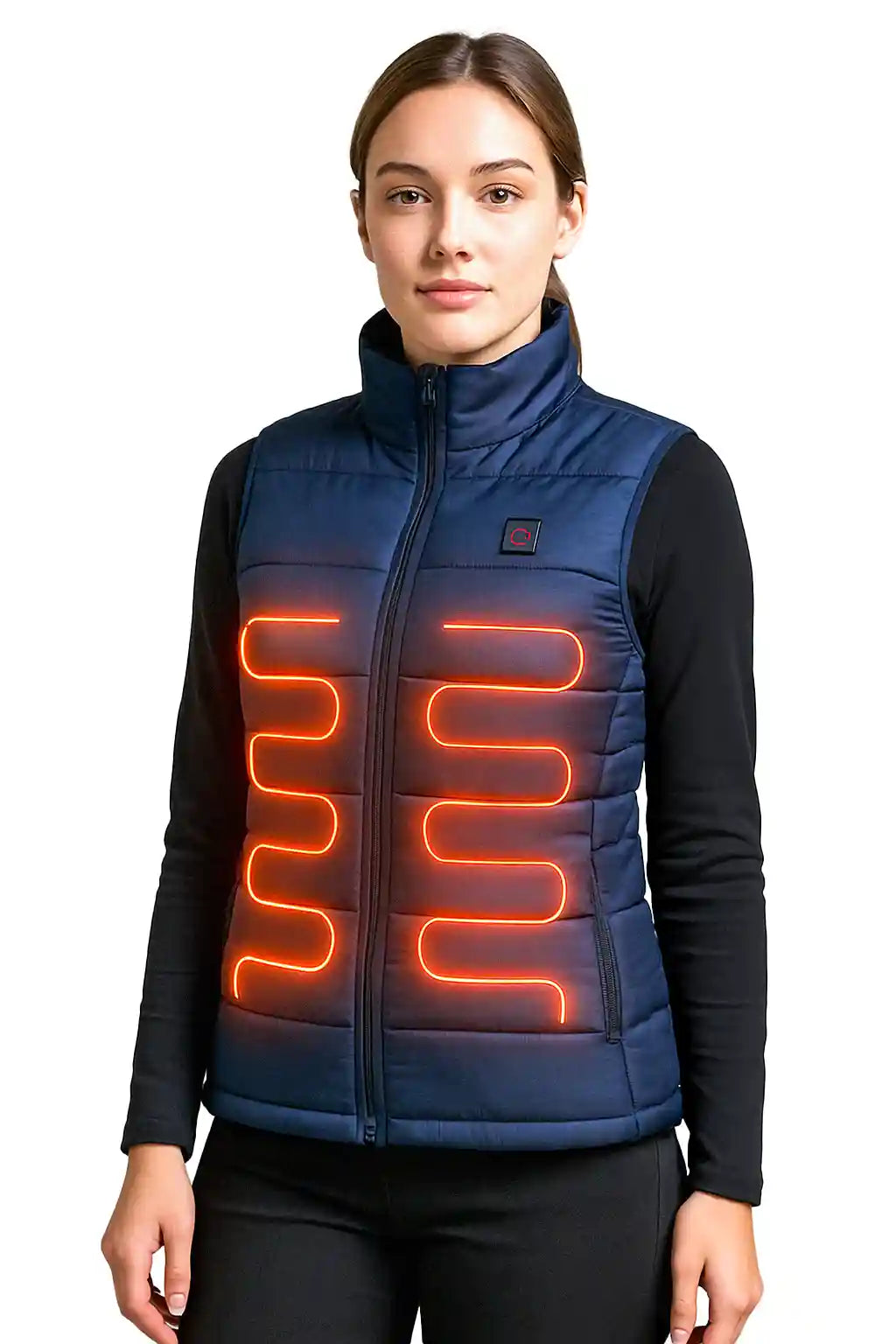 Femme portant le gilet chauffant ThermoShield™ bleu, démontrant son design ajusté et son effi
