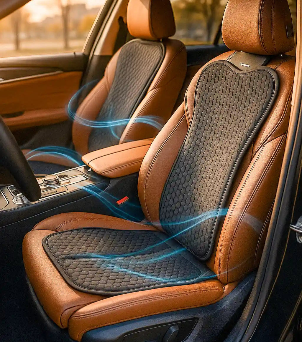 Coussin de siège auto AirGrid™ avec illustration de la circulation de l'air, démontrant sa technologie de gel 3D respirante pour un confort anti-transpiration.