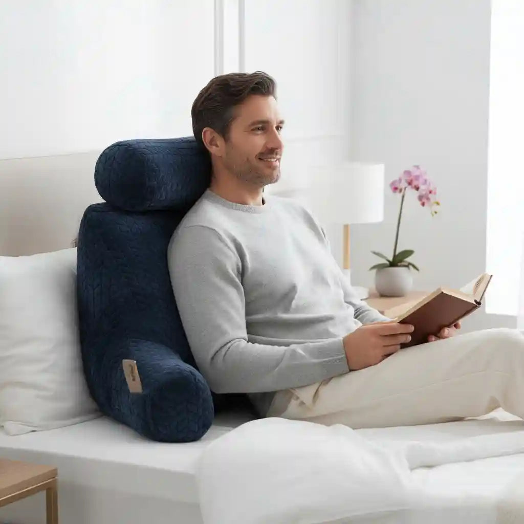 Homme souriant et détendu, utilisant le coussin de lecture ReadingThrone™ pour un maintien parfait pendant son moment de détente.
