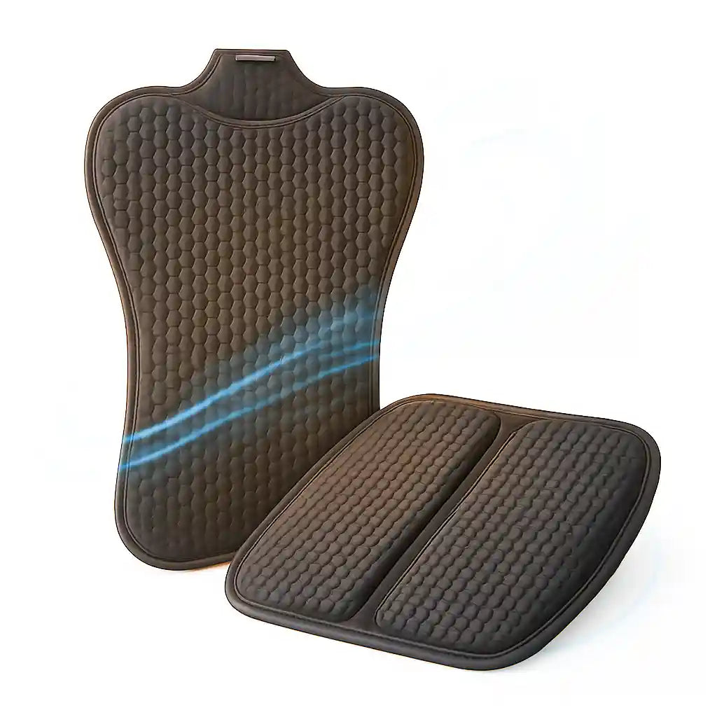 Système d'assise AirGrid™ en gel 3D, montrant le coussin de siège et le soutien lombaire. L'illustration de flux d'air met en avant le confort respirant et anti-transpiration du produit pour siège auto.