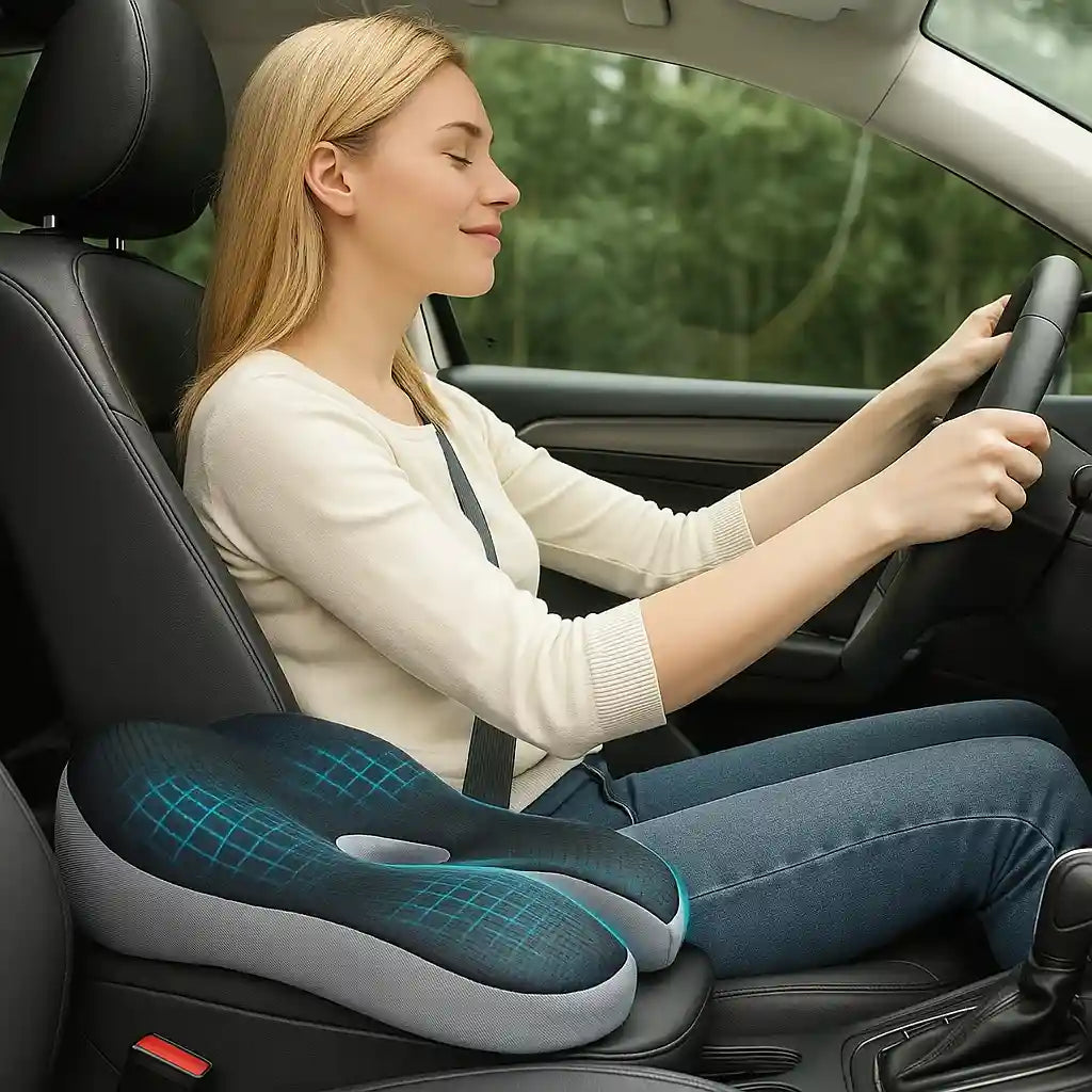 Conductrice utilisant le coussin orthopédique ErgoDrive™ pour maintenir une posture saine et confortable pendant la conduite.