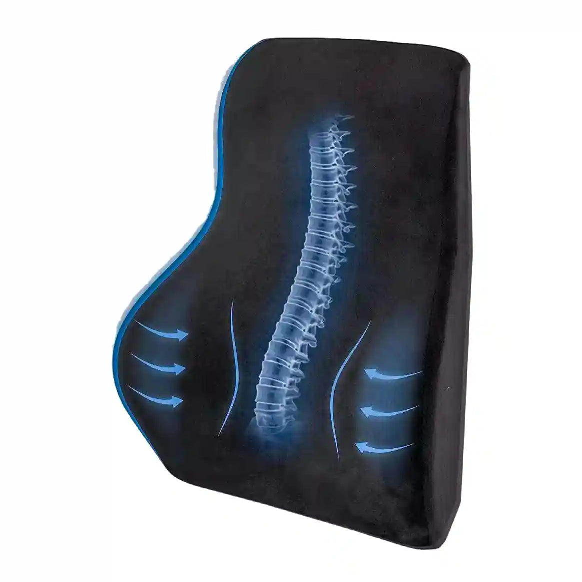 Coussin lombaire noir pour voiture et bureau avec une illustration de la colonne vertébrale, montrant le soutien et la correction de la posture pour soulager le mal de dos.
