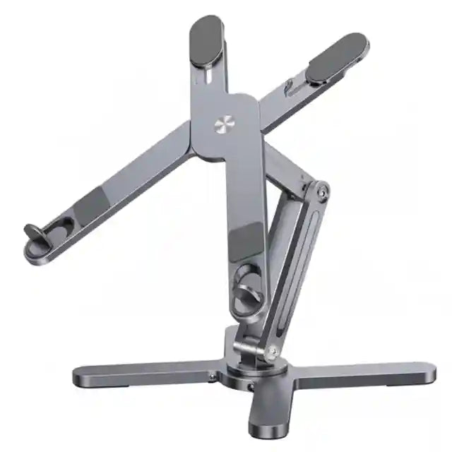 Support ergonomique DeskCommand™ en aluminium gris, entièrement pliable pour un transport facile.
