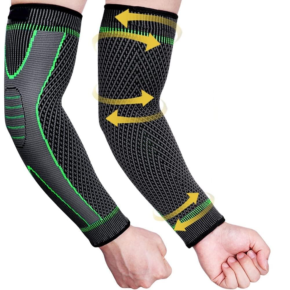 Manchon de compression ArthroFlex™ avec flèches illustrant l'action de la compression graduée pour le soutien du bras et du coude.
