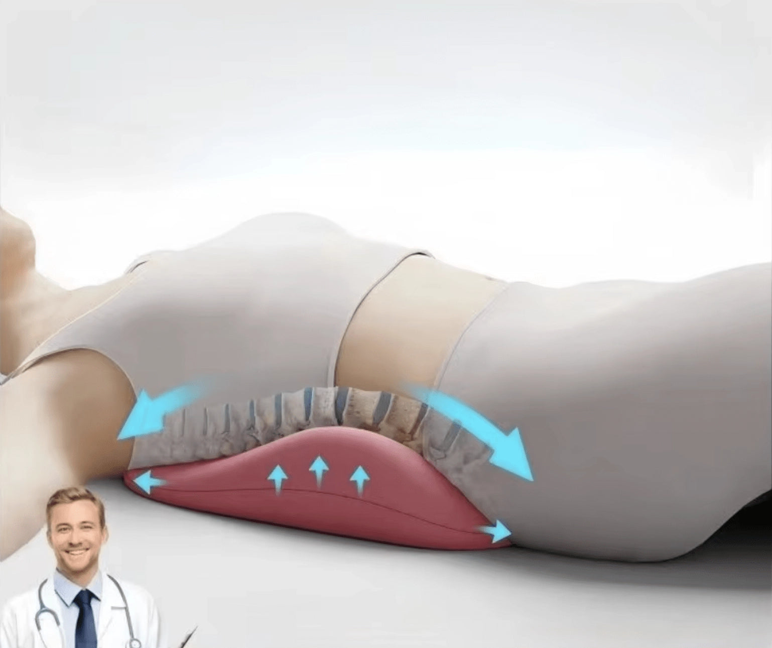 Schéma montrant l'action de soutien et de décompression du coussin lombaire Nuit Optimale™ sur les vertèbres lombaires.