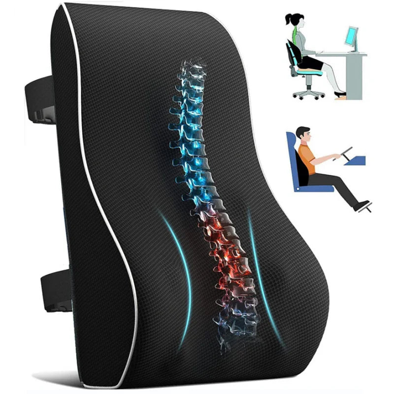 Coussin de dos ergonomique avec sangles de fixation universelles, montrant les zones de soutien dynamique pour une utilisation sur siège de voiture ou chaise de bureau.