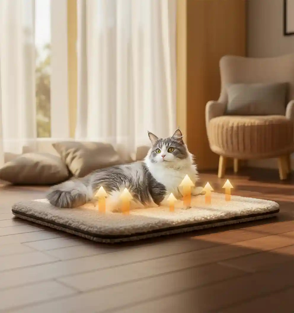 Chat se prélassant confortablement sur le tapis auto-chauffant ThermoPurr™ dans un salon chaleureux.