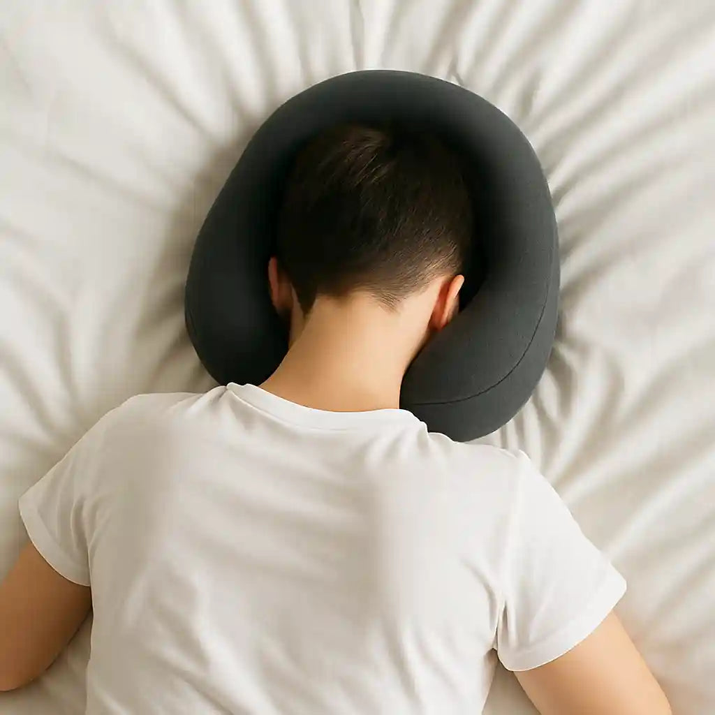 Personne utilisant le coussin de vitrectomie ErgoVisage™ pour dormir en position ventrale, assurant un confort et une respiration libre.