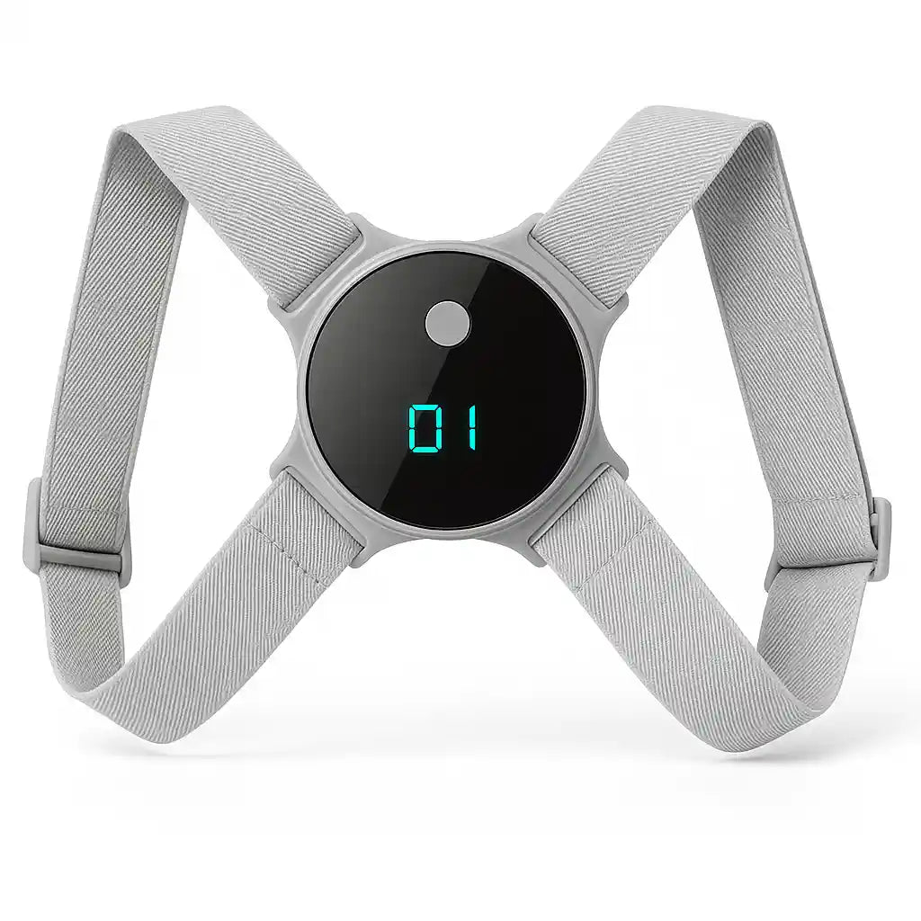 Coach de posture intelligent PostureGuard™ gris avec capteur de vibration et sangles réglables, conçu pour la rééducation active du dos.