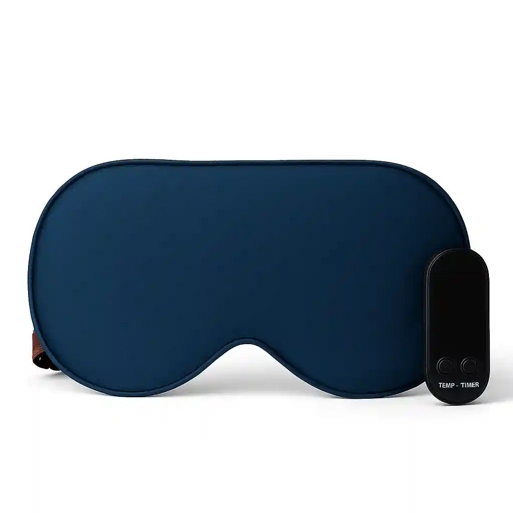 Masque de sommeil thérapeutique en satin AuraMask™ bleu marine, avec son contrôleur de température et de timer USB.