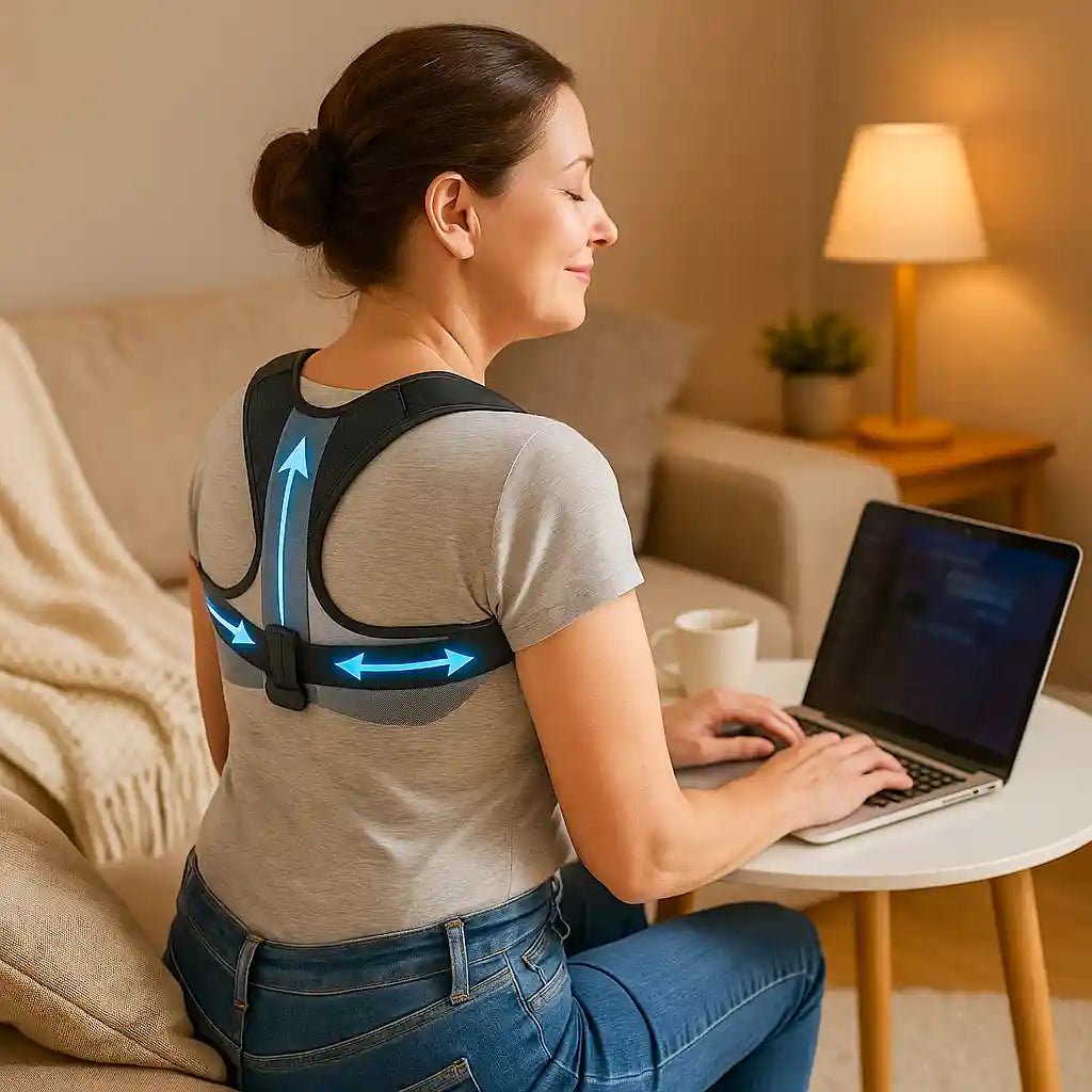 Femme portant le soutien dorsal AlignPro™ en travaillant sur un ordinateur portable, démontrant son utilité pour maintenir un alignement confortable au bureau ou en télétravail.