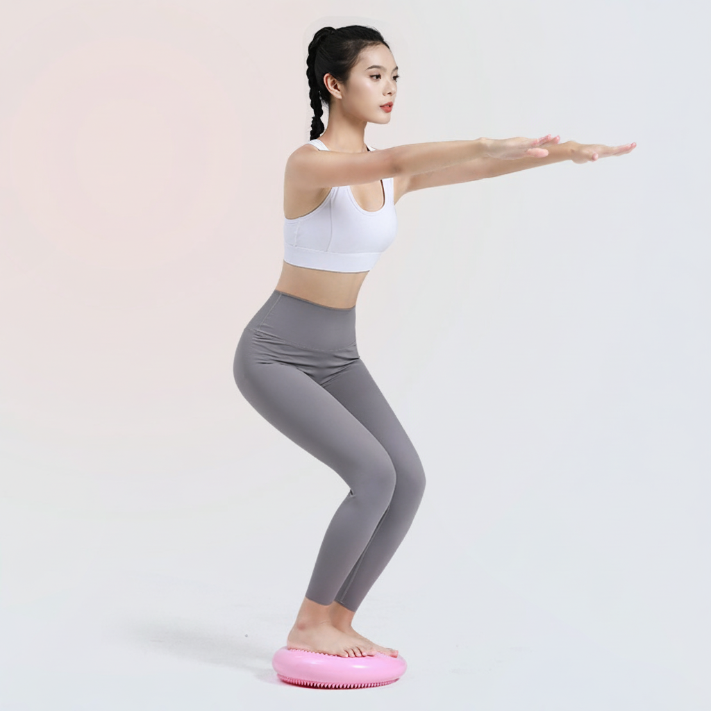Coussin d'équilibre rose utilisé debout pour un exercice d'équilibre