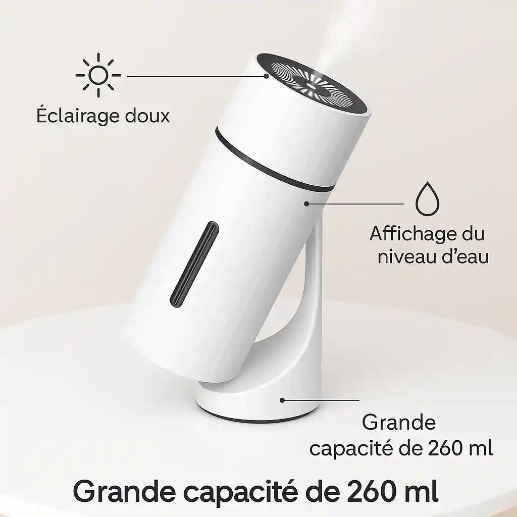 Schéma des fonctionnalités de l'AirPur Nomade™ : éclairage doux, affichage du niveau d'eau, grande capacité de 260 ml, et diffusion jusqu'à 12 heures.