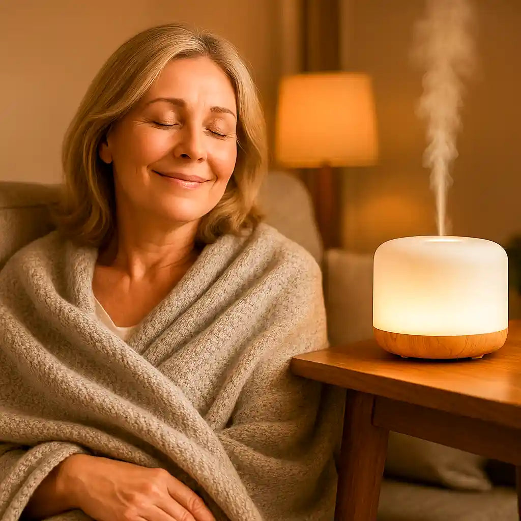 Femme souriante et enveloppée dans une couverture, se relaxant près du diffuseur AuraZen™ émettant une lumière douce et une brume apaisante, illustrant le bien-être.