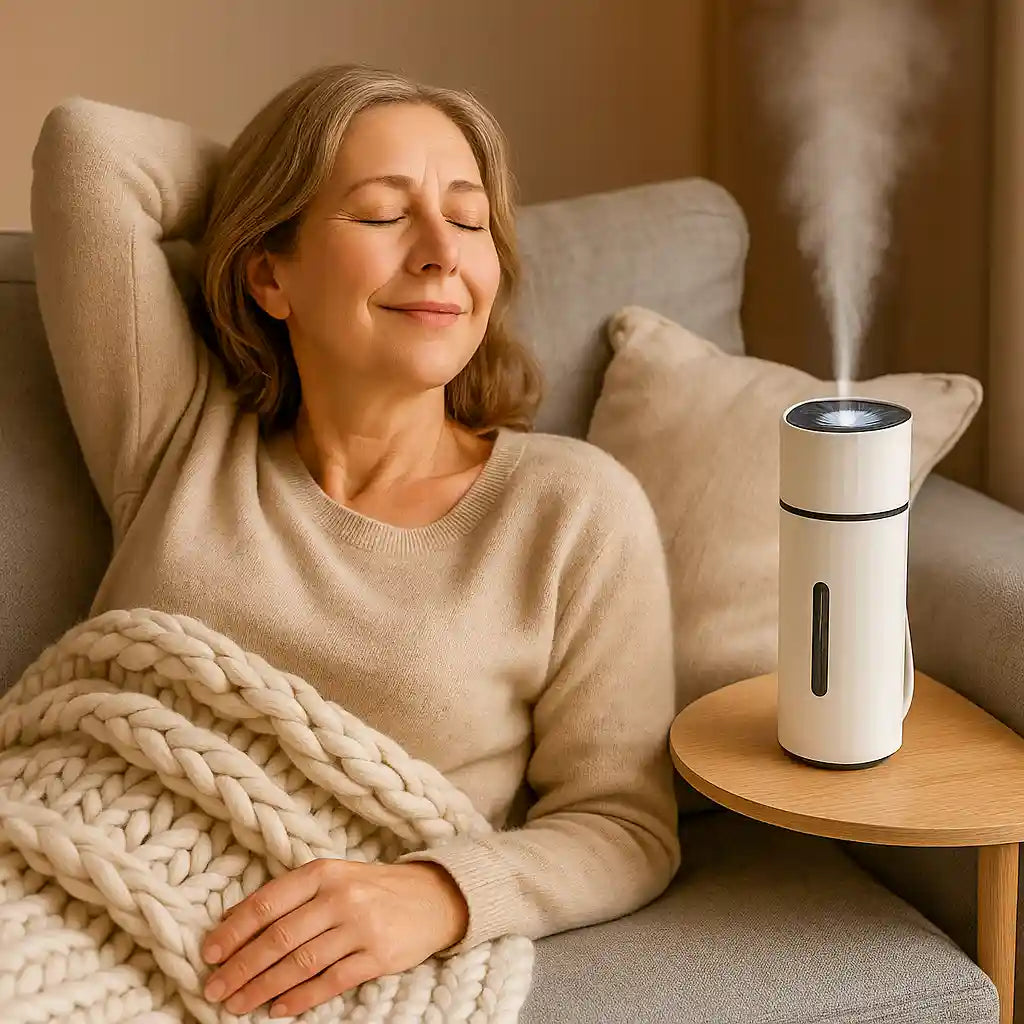 Femme souriante et détendue avec le AirPur Nomade™ à côté, illustrant le confort respiratoire et la sensation de bien-être grâce à l'air humidifié.