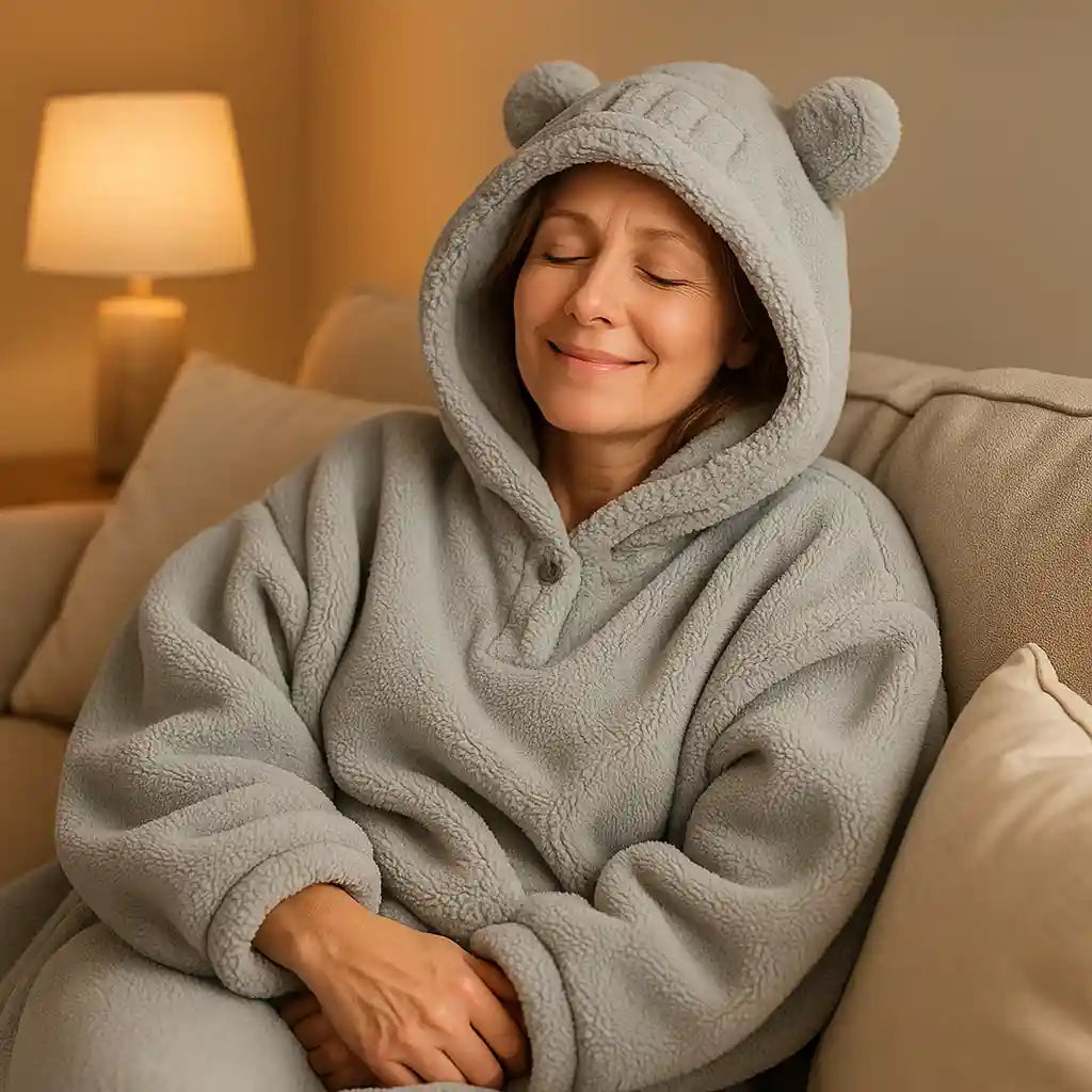 Femme détendue sur un canapé, enveloppée dans Le Cocon Polaire™ gris, symbolisant le cocooning et la chaleur douillette à domicile.