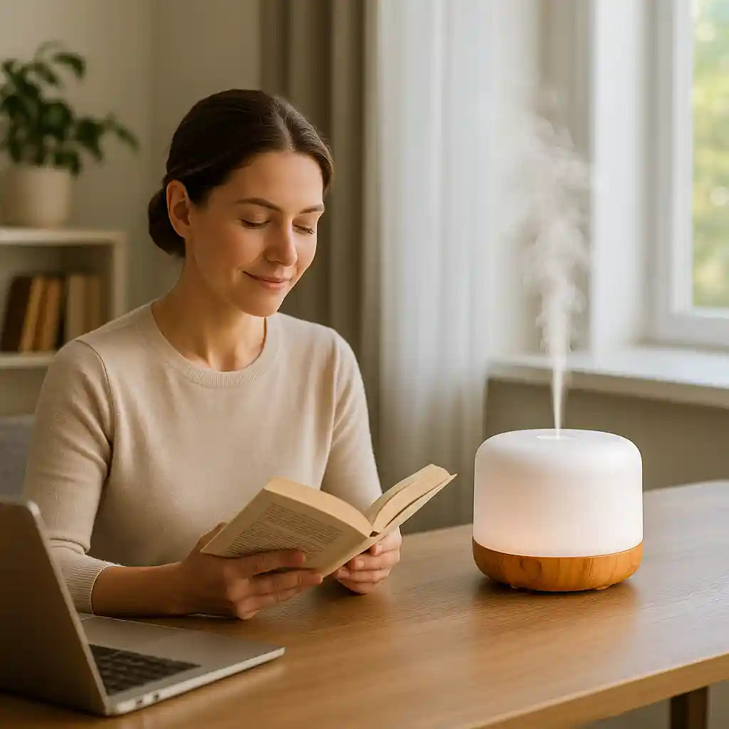 Femme lisant un livre à côté du diffuseur d'huiles essentielles AuraZen™ en fonctionnement sur un bureau, symbolisant la concentration et la sérénité au travail ou à la lecture.
