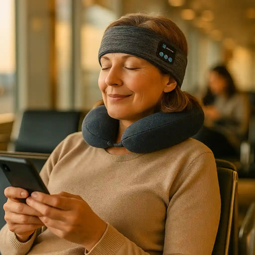 Femme utilisant le bandeau de sommeil SleepBand™ avec un coussin de voyage à l'aéroport, parfait pour le repos et la déconnexion en déplacement.