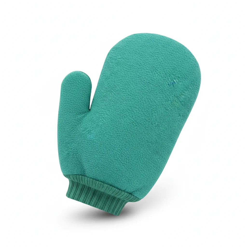 Gant exfoliant PureGlow en viscose teal sur fond blanc