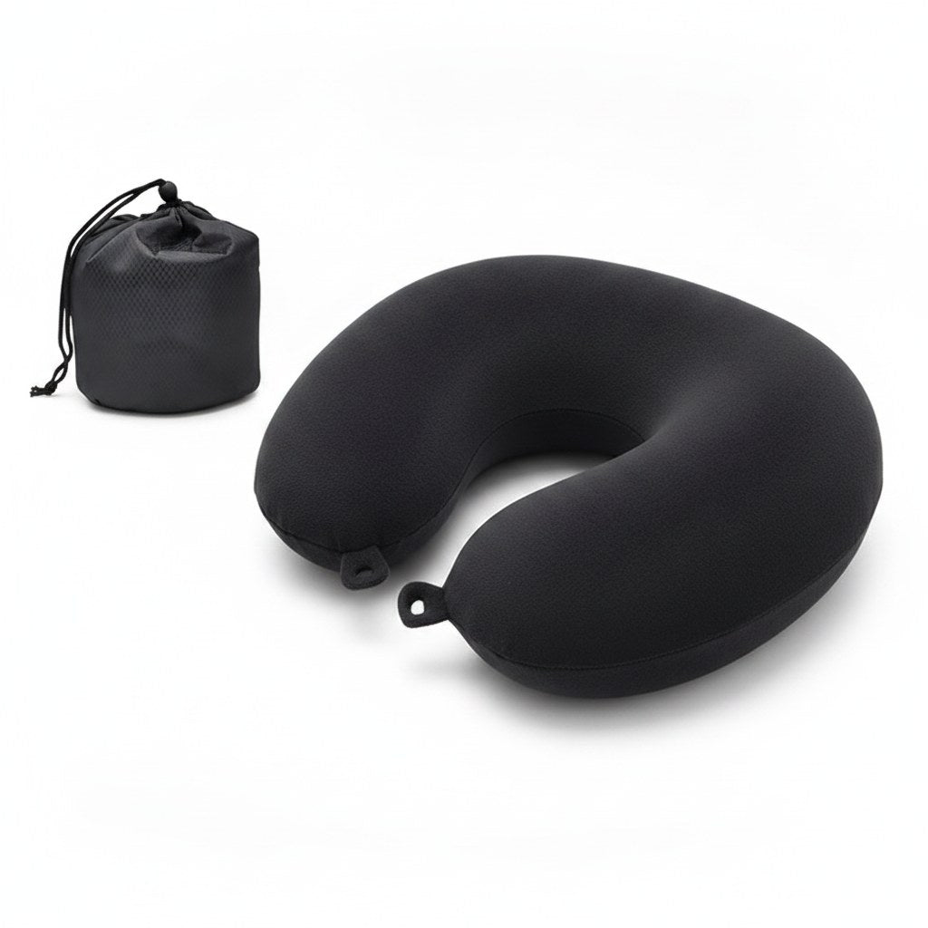 Coussin de voyage cervical à mémoire de forme noir avec pochette de transport | Ergosia