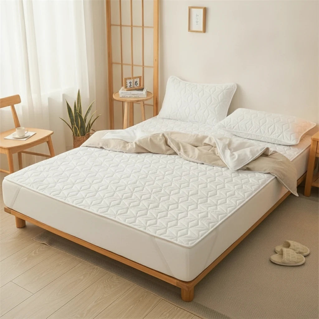 Protège-matelas imperméable respirant installé sur un lit en chambre | Ergosia