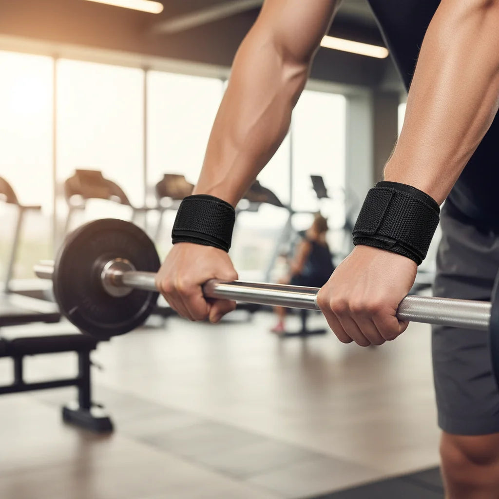 Bandes de poignet LiftGrip™ utilisées en salle de musculation — sangle de poignet musculation en action