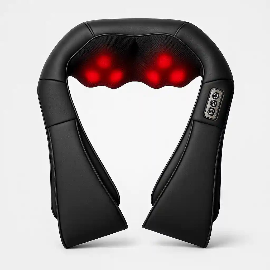 Masseur cervical ShiatsuNeck Pro™ noir avec 8 nœuds de massage chauffants (lumière rouge visible), prêt à l'emploi.