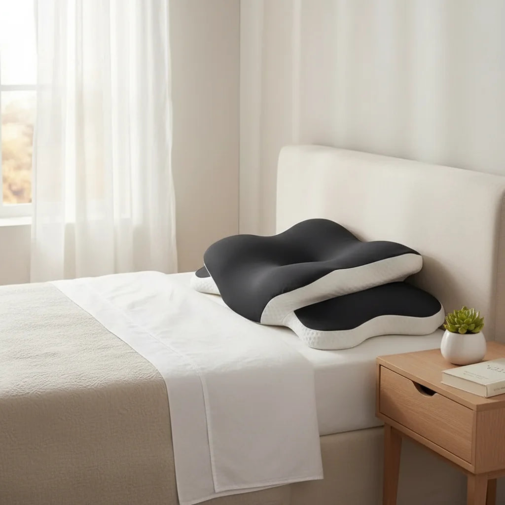 Oreiller mémoire de forme sur lit scandinave — soulagement cervical | Ergosia