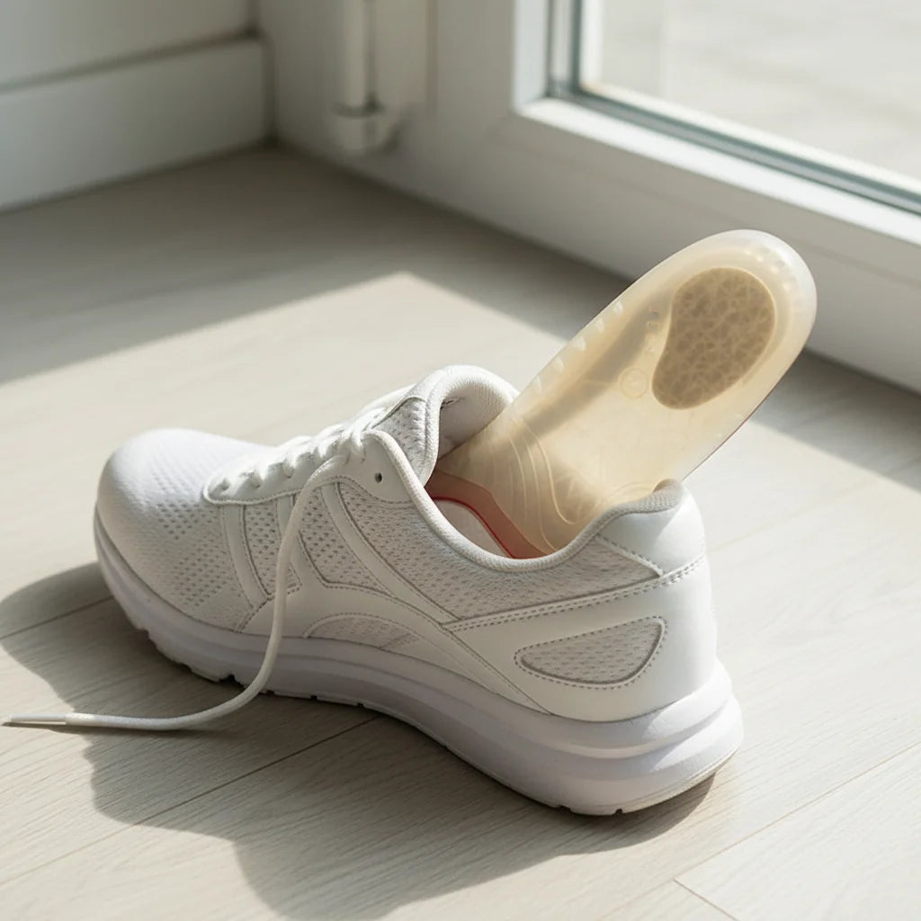 Semelles StepFlex™ insérées dans une sneaker sur parquet bois — Ergosia